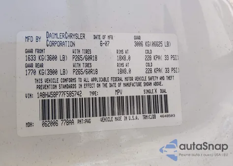 2007 Chrysler Aspen Limited z USA, uszkodzony, nr VIN 1A8HW58P77F585742